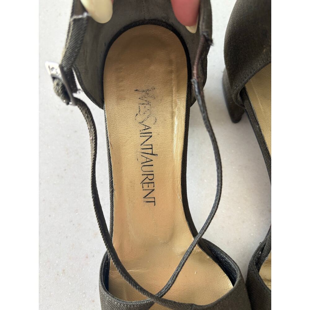 Vintage Yves Saint Laurent YSL Italy Canvas Peep Toe Slingback Heels Brown - Picture 9 of 9